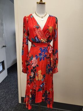 Anthropologie Red Floral Wrap Midi Dress Size 2
